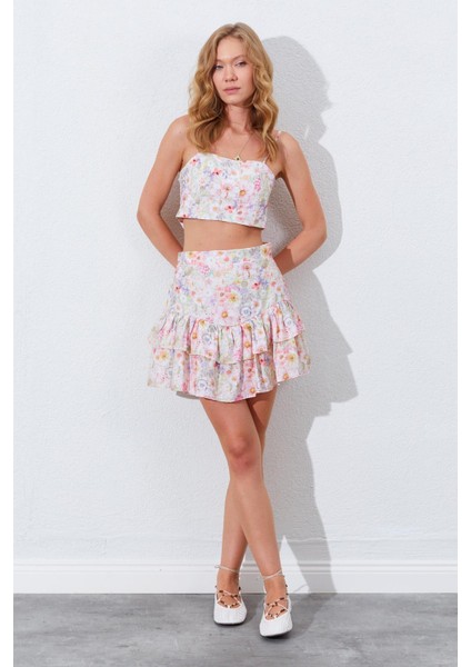 Kadın Pembe Çiçek Desenli Croplu-Etekli Takım fiyatları