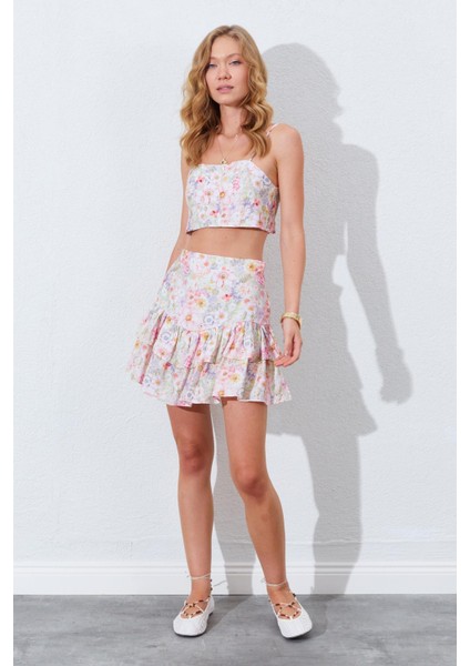 Kadın Pembe Çiçek Desenli Croplu-Etekli Takım modelleri