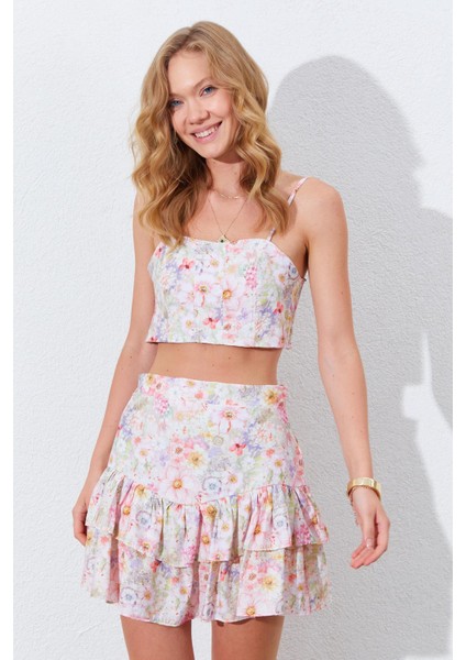 Kadın Pembe Çiçek Desenli Croplu-Etekli Takım fırsatları