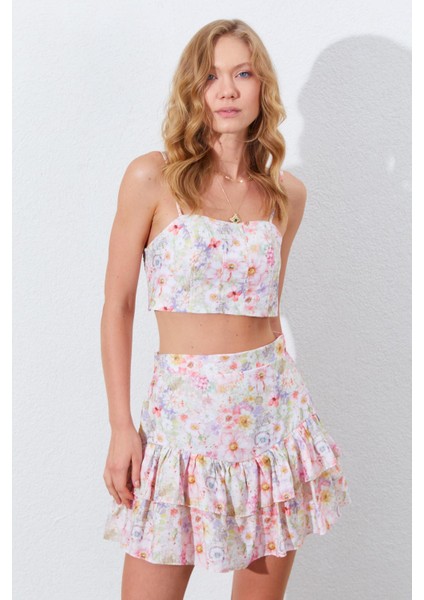 Kadın Pembe Çiçek Desenli Croplu-Etekli Takım indirimleri