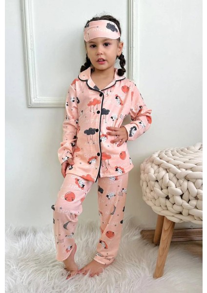 Bulut ve Kuzu Desenli Gömlek Yaka Kız Çocuk Pijama Takımı