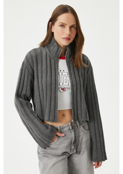 Kadın Clean Fermuarlı Antrasit Triko Hırka