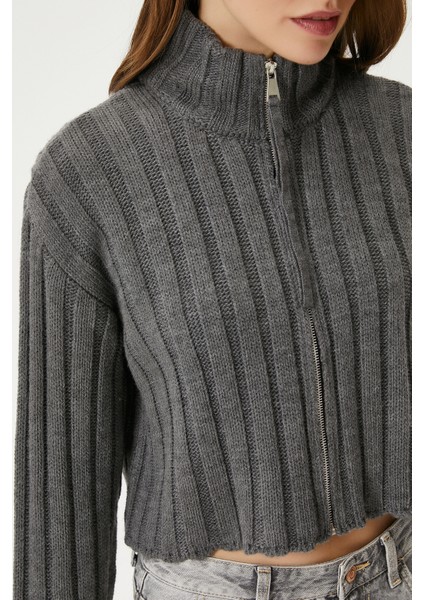 Kadın Clean Fermuarlı Antrasit Triko Hırka