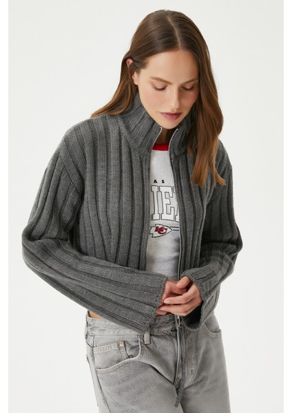 Kadın Clean Fermuarlı Antrasit Triko Hırka