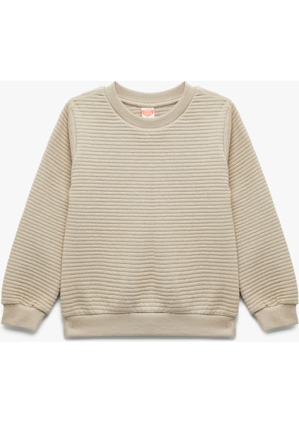 Uzun Kollu Bisiklet Yaka Dokulu Pamuklu Sweatshirt