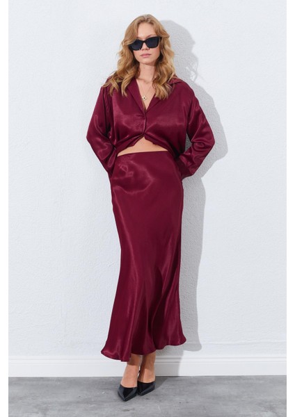 Kadın Bordo Saten Uzun Etek