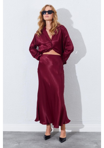Kadın Bordo Saten Uzun Etek fiyatları