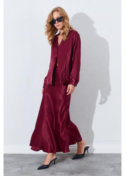 Kadın Bordo Saten Uzun Etek fırsatları