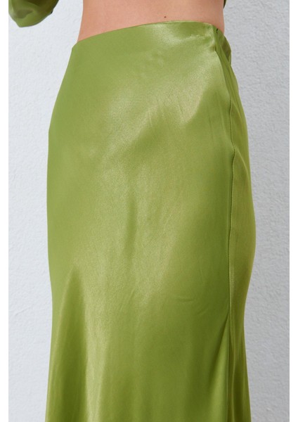 Kadın Yağ Yeşili Saten Uzun Etek indirimleri