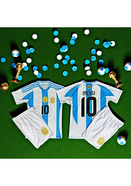 Arjantin Milli Takım Messi Çocuk Beyaz Şortlu T-Shirt Halı Saha Forması