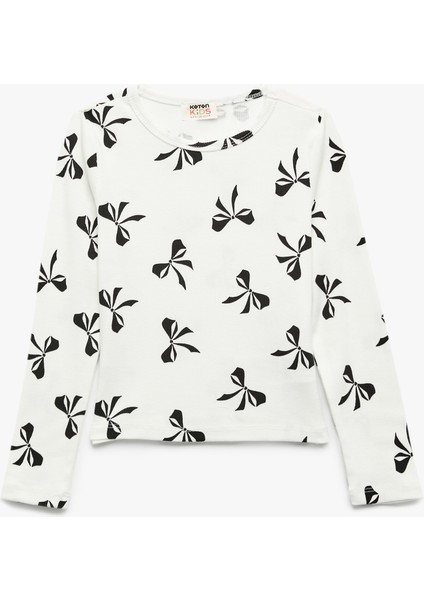 Fiyonk Desenli Uzun Kollu Bisiklet Yaka Pamuklu Tişört