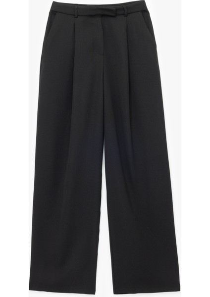 Pile Detaylı Cepli Yüksek Bel Palazzo Kumaş Pantolon