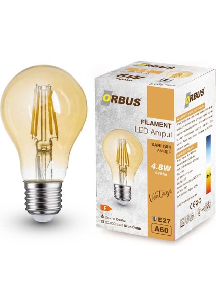 A60 LED Filament Ampul 4.8W Amber Cam 2700K Sarı Işık 540 Lümen fiyatları