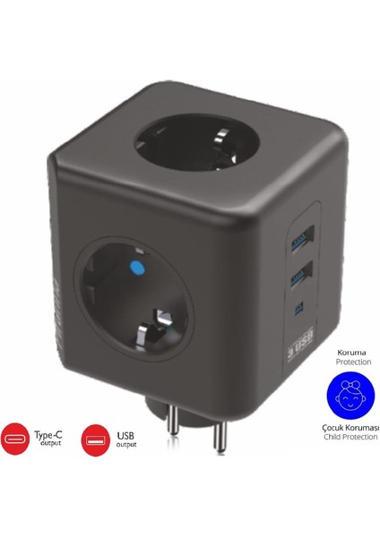 Termal Akım Korumalı USB Ve Type-C 2.1A Şarj Çıkışlı 10A 2500W 3'Lü Priz 3440