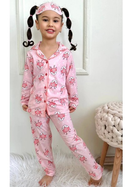 Sevimli Ceylan Desenli Gömlek Yaka Kız Çocuk Pembe Pijama Takımı