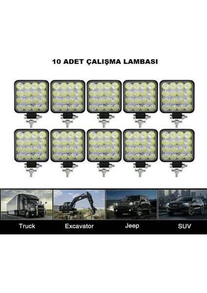 10 Adet 16 LED Off Road Iş Makinesi Kamyon Traktör Projektör Çalışma ve Sis Lambası 48 Watt 12V