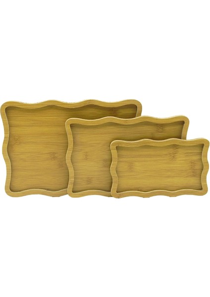 Dikdörtgen - Dalgalı Kenar - 3lü Set Ahşap Mdf Sunum Tepsi Seti 13.5X23.5-19.5X29.5-23.5X33.5CM (5047)