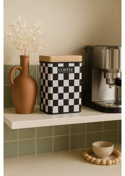 Ahşap Görünümlü Metal Kapaklı 1 Adet Gofreli Siyah Beyaz Damalı Kahve Saklama Kutusu & Kavanoz 17*11*8 cm
