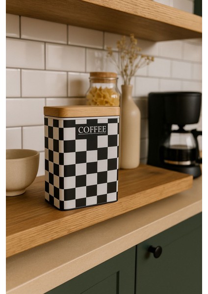 Ahşap Görünümlü Metal Kapaklı 1 Adet Gofreli Siyah Beyaz Damalı Kahve Saklama Kutusu & Kavanoz 17*11*8 cm fiyatları