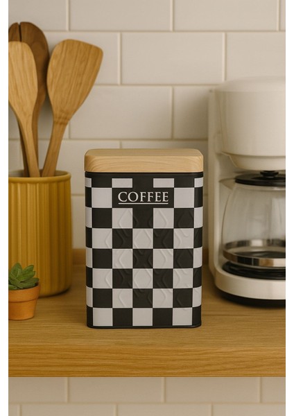 Ahşap Görünümlü Metal Kapaklı 1 Adet Gofreli Siyah Beyaz Damalı Kahve Saklama Kutusu & Kavanoz 17*11*8 cm modelleri