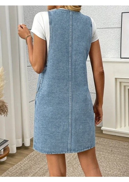 Kadın Askılı Yuvarlak Yaka A Kesim Cep Detaylı Kot Elbise Mavi-2xl-3xl modelleri