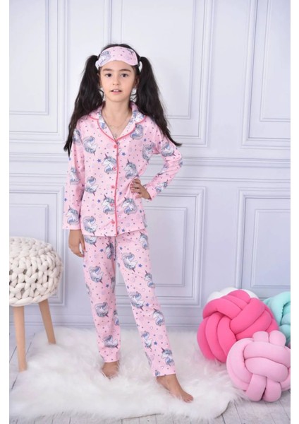 Unicorn Desenli Kız Çocuk Gömlek Yaka Düğmeli Pembe Pijama Takımı