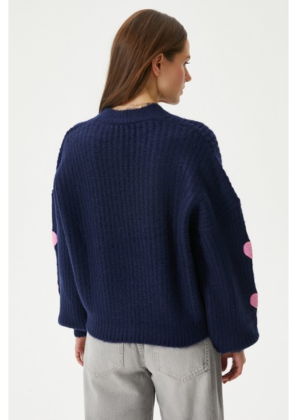 Kadın Cozy Lacivert Pembe Kalp Nakışlı Triko Hırka indirimleri