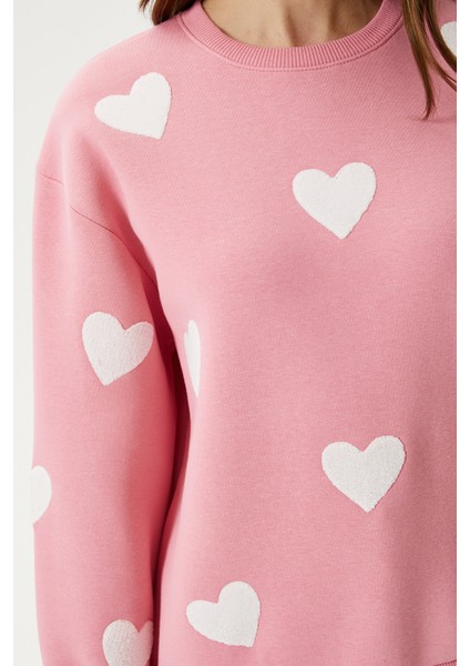 Kadın Love Kalp Nakışlı Pembe Sweatshirt modelleri