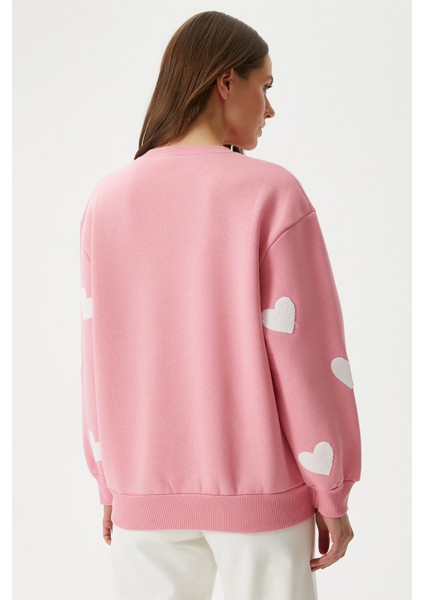Kadın Love Kalp Nakışlı Pembe Sweatshirt
