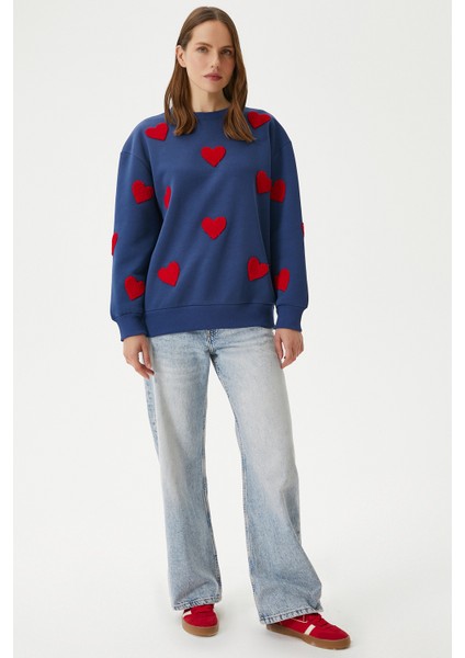 Kadın Love Kalp Nakışlı Lacivert Kırmızı Sweatshirt