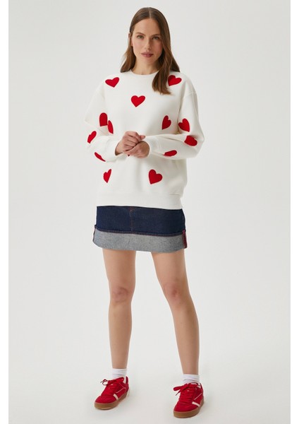Kadın Love Kalp Nakışlı Ekru Kırmızı Sweatshirt fiyatları