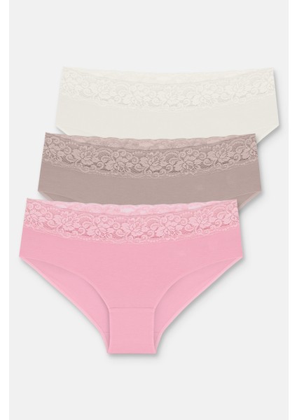 3 Lü Pamuklu Brazilian Şort - Ekru/Vizon/Pembe