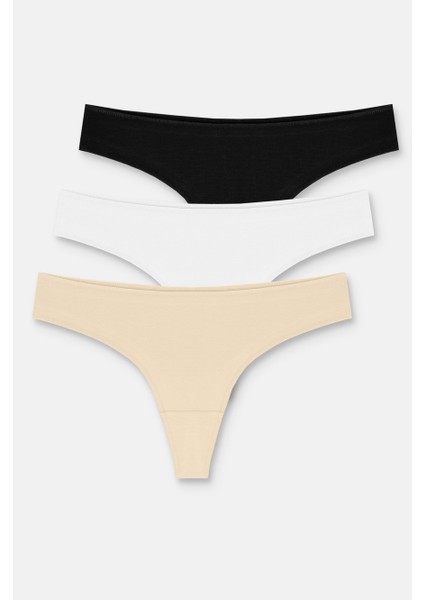 3P Basic Yüksek Bel Koton Brazilian String - Siyah/Beyaz/Ten Rengi