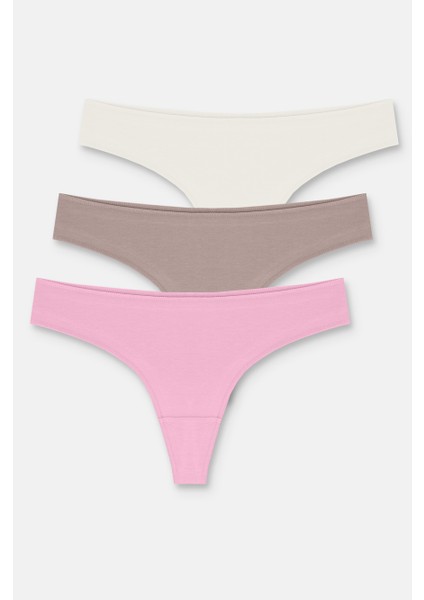 3P Basic Yüksek Bel Koton Brazilian String - Ekru/Vizon/Pembe