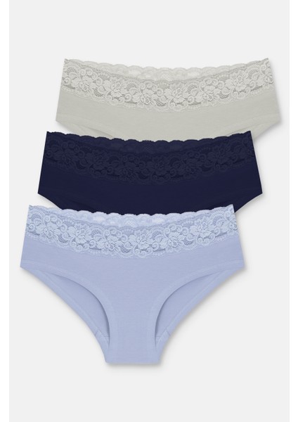 3'lü Pamuklu Brazilian Hipster Şort Külot - Lila - İndigo - Taş S