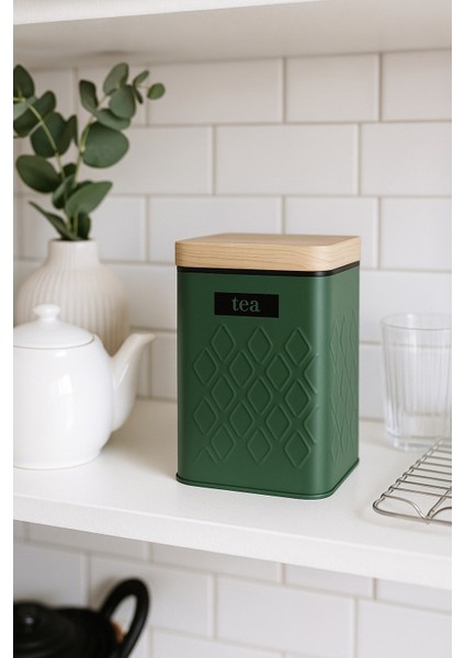 Ahşap Görünümlü Metal Kapaklı 1 Adet Gofreli Yeşil Çay Saklama Kutusu & Kavanoz 17*11*8 cm