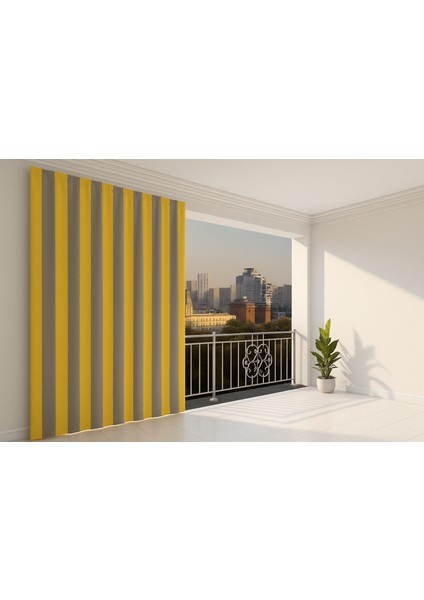 Sarı Gri Su Geçirmez Halkalı Bağcıklı Balkon Perdesi Branda