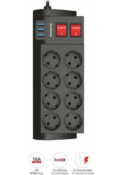 Termal Akım Korumalı USB 2.1A Şarj Çıkışlı 16A 4000W 8 Li Uzatma Grup Priz