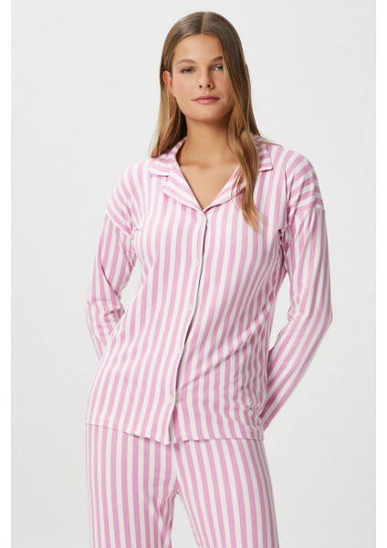Kadın Secret Extra Soft Pembe Beyaz Çizgili Pijama Takım