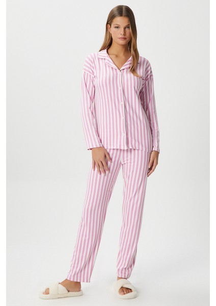 Kadın Secret Extra Soft Pembe Beyaz Çizgili Pijama Takım modelleri