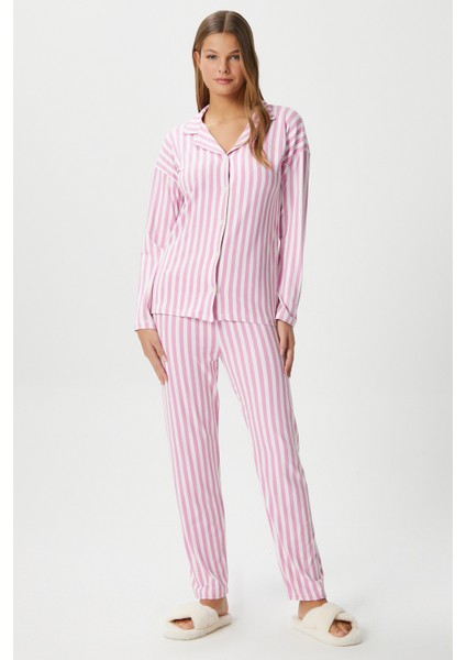 Kadın Secret Extra Soft Pembe Beyaz Çizgili Pijama Takım fırsatları