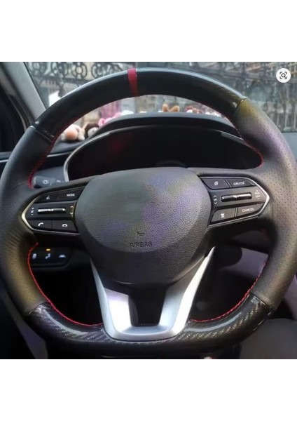 Hyundai Santa Fe 2019-2020 Araca Özgü Dikmeli Direksiyon Kılıfı Kristal Karbon Nokta Deri