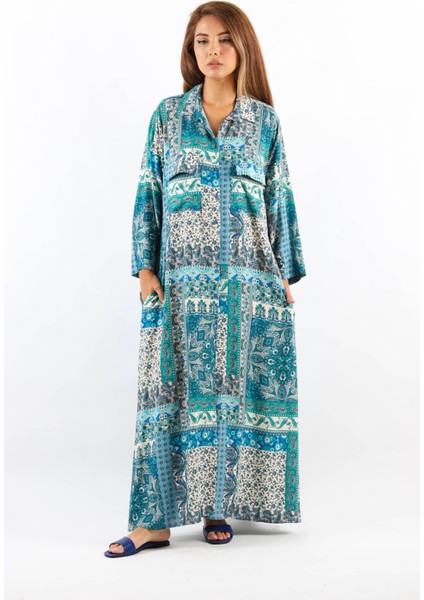 Etnik %100 Viskon Mavi Gömlek Yaka Önden Düğmeli Uzun Yazlık Elbise