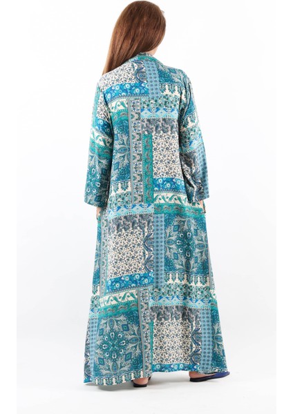 Etnik %100 Viskon Mavi Gömlek Yaka Önden Düğmeli Uzun Yazlık Elbise fiyatları