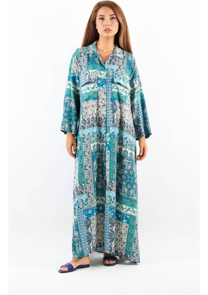 Etnik %100 Viskon Mavi Gömlek Yaka Önden Düğmeli Uzun Yazlık Elbise modelleri