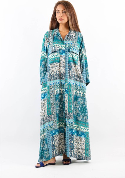 Etnik %100 Viskon Mavi Gömlek Yaka Önden Düğmeli Uzun Yazlık Elbise fırsatları