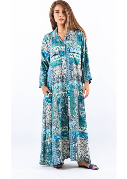 Etnik %100 Viskon Mavi Gömlek Yaka Önden Düğmeli Uzun Yazlık Elbise indirimleri