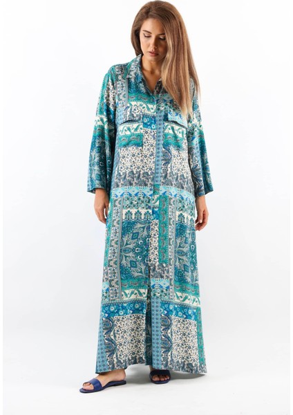 Etnik %100 Viskon Mavi Gömlek Yaka Önden Düğmeli Uzun Yazlık Elbise