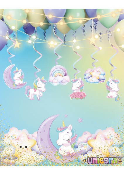 Unicorn Temalı 3D Tavan Sarkıt 6 Lı