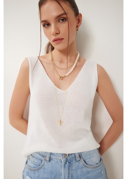 V Yaka Yazlık Triko Bluz LKİ0035 Kemik